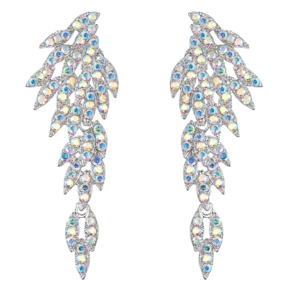 Silver with Iridescent AB Crystal Angel Wing Statement Chandelier Post Earrings